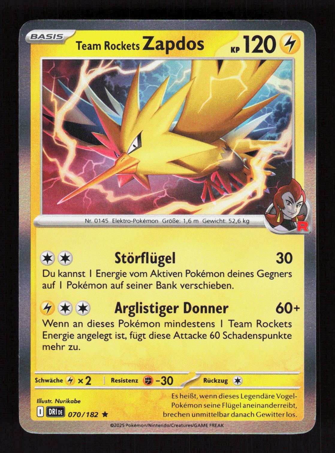 Pokémon Team Rockets Zapdos 070/182 – Ewige Rivalen (DE) Rare Holo – Vorderseite