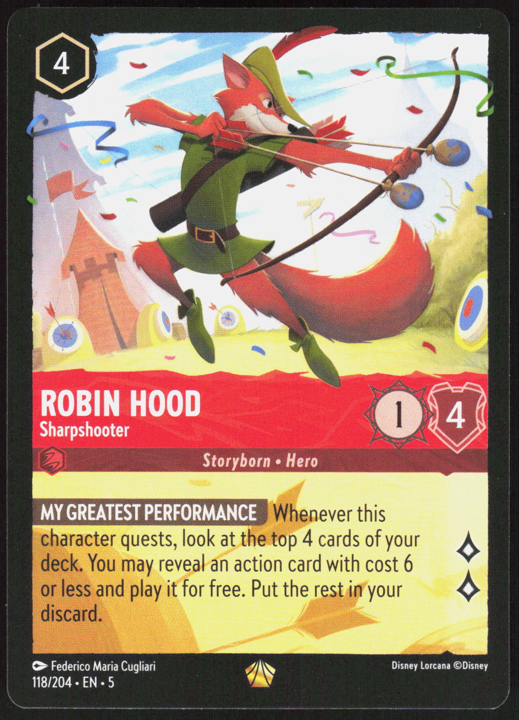 Disney Lorcana Robin Hood – Sharpshooter 118/204 – Shimmering Skies Legendary – Vorderseite