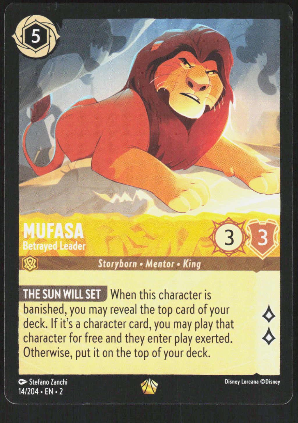 Disney Lorcana Mufasa Betrayed Leader 14/204 Rise of the Floodborn Legendary – Vorderseite