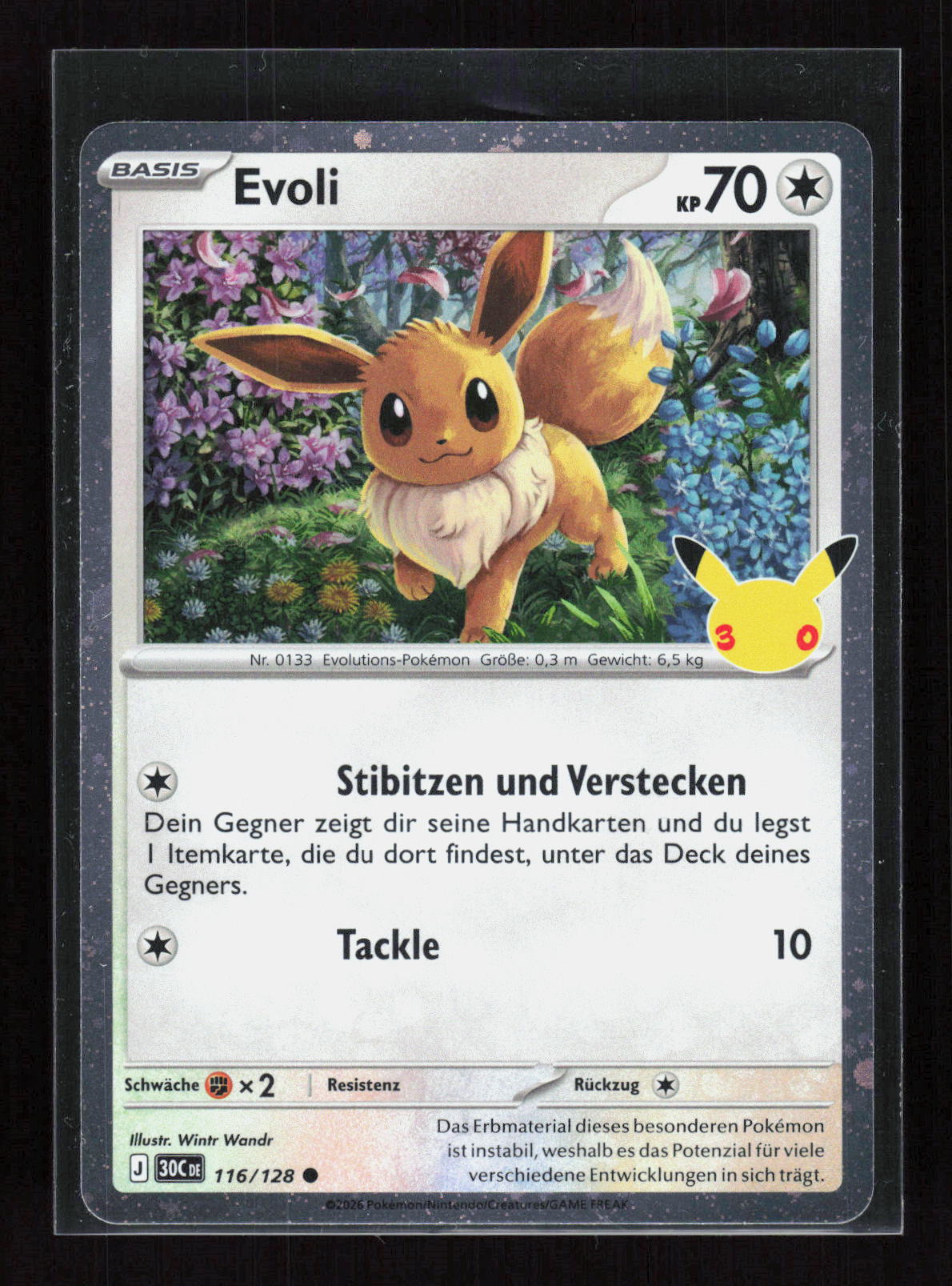 Pokémon Evoli 116/128 – 30 Jahre (DE) Common Cosmos Holo – Vorderseite